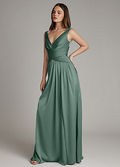 Azazie Pauline Bridesmaid Dresses Eucalyptus A-Line Pleated Stretch Satin Dress image7