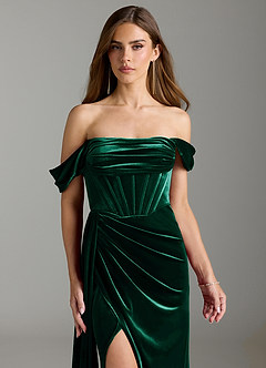 Azazie Amyra Bridesmaid Dresses Emerald Sheath Off the Shoulder Velvet Convertible Dress image4