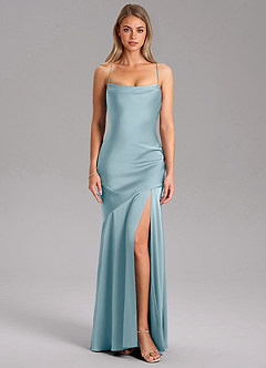 Azazie Grata Robes de demoiselle d'honneur Robe Fourreau en Satin extensible Fente Latérale Bleu Maussade image3