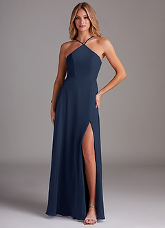 Azazie Bailey Bridesmaid Dresses Dark Navy A-Line Halter Side Slit Chiffon Dress image1