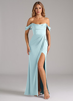 Azazie Johana Bridesmaid Dresses Cloud Blue Mermaid Off the Shoulder Stretch Satin Convertible Dress image3