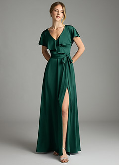 Azazie Lainey Bridesmaid Dresses Emerald A-Line with Pockets Stretch Satin Dress image3