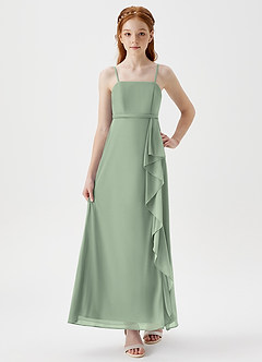 Azazie Kaylee Junior Dusty Sage A-Line with Belt Mesh Dress image1
