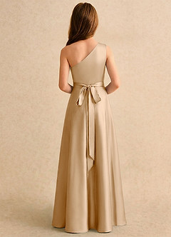 Azazie Puddles Girls Formal Flower Girl Dresses Gold A-Line One Shoulder Stretch Satin Dress image2