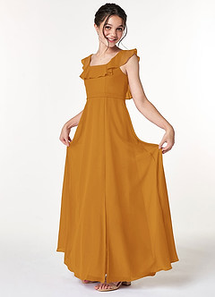 Azazie Jinny Junior Abito A-Line in Chiffon Increspato Caramello image1