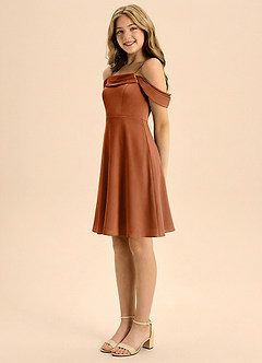 Azazie Anselie Junior Abito A-Line in Raso Elasticizzato Plissettato Rame image4