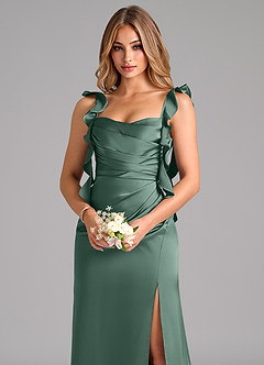Azazie Jessamine Bridesmaid Dresses Eucalyptus A-Line Corset Stretch Satin Dress image7