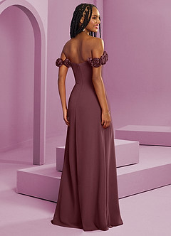 Barbie ♥ Azazie Suknie dla druhen Rozkloszowana szyfonowa sukienka z odkrytymi ramionami i kwiatowymi rozetkami image9