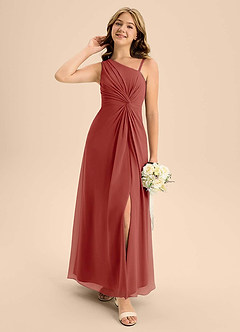 Azazie Brooke Junior Robe Trapèze en Mousseline de soie Fente Latérale Terracotta image3