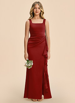 Azazie Adrienne Junior Pomegranate Sheath Pleated Stretch Satin Dress image3