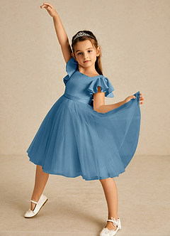 Azazie Kaeya Flower Girl Dresses Steel Blue A-Line Bow Tulle Dress image2