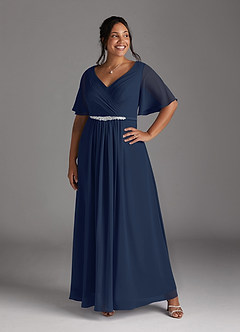 Azazie Tricia Mother of the Bride Dresses Dark Navy A-Line V-Neck Pleated Chiffon Dress image3