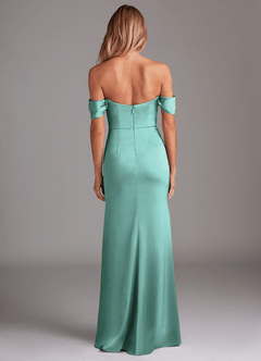 Azazie Saige Bridesmaid Dresses Aqua Sheath Off the Shoulder Stretch Satin Dress image10