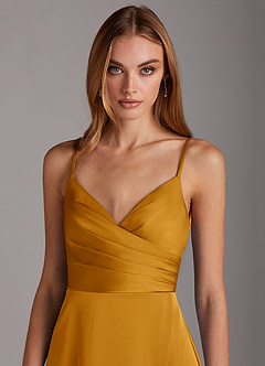 Azazie Calissa Brautjungfernkleider A-Linie V-Hals Gefaltet Stretch-Satin Kleid Butterscotch image5