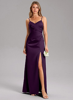 Azazie Azuree Bridesmaid Dresses Grape A-Line Pleated Stretch Satin Dress image1