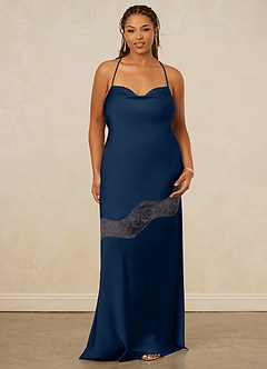 Christian Siriano Bridal for Azazie 1012 Bridesmaid Dresses Dark Navy Sheath Lace Stretch Satin Dress image11