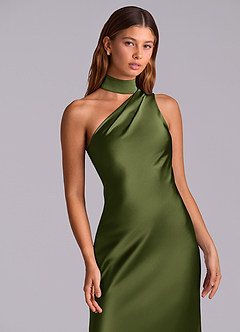 Azazie Seona Bridesmaid Dresses Olive Mermaid One Shoulder Stretch Satin Dress image2