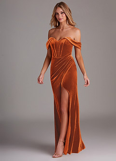 Azazie Jas Bridesmaid Dresses Burnt Orange Sheath Off-The-Shoulder Corset Velvet Convertible Dress image3