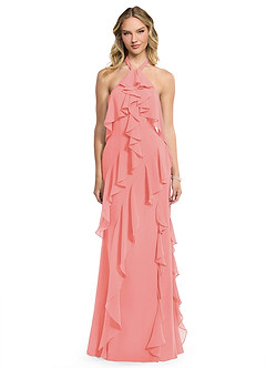 Azazie Velma Bridesmaid Dresses Coral A-Line Side Slit Chiffon Dress image1