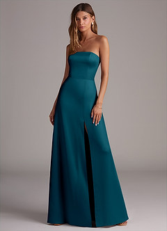 Azazie Wren Robes de demoiselle d'honneur Robe Trapèze Convertible en Satin extensible Sans bretelle Bleu Encre image1