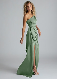 Azazie Maive Bridesmaid Dresses Matcha Sheath Ruched Stretch Satin Dress image4
