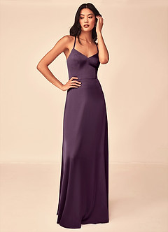 Azazie Mei Robes de demoiselle d'honneur Robe Trapèze en Satin extensible Col en V Prune image5