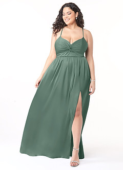 Azazie Raya Brautjungfernkleider A-Linie V-Hals Gefaltet Stretch-Satin Kleid Eukalyptus image7