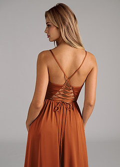 Azazie Aaida Bridesmaid Dresses Cinnamon A-Line Corset Stretch Satin Dress image2
