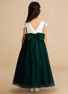 Azazie Pookie Robe Demoiselle D'honneur Fillette Robe Trapèze en Tulle Dentelle Vert Pin image5