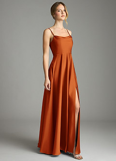 Azazie Elle Bridesmaid Dresses Cinnamon A-Line Pleated Stretch Satin Dress image4