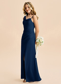 Azazie Abby Junior Robe Fourreau en Satin extensible Plissé Bleu Marine Foncé image3