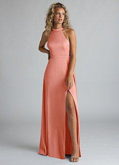 Azazie Clarice Bridesmaid Dresses Coral A-Line High Neck Stretch Satin Dress image5