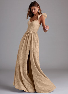 Azazie Denisse Bridesmaid Dresses Champagne A-Line Ruched Floral Burnout Dress image2