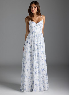 Azazie Zeya Bridesmaid Dresses Blue Cottage Floral A-Line V-Neck Pleated Chiffon Dress image3