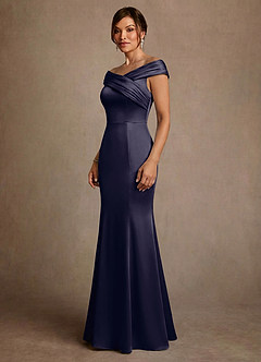Azazie Aberdeen Mère de la mariée Robes Robe Fourreau en Satin extensible Plissée Bleu Orageux image3