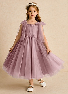 Azazie Dori Robe Demoiselle D'honneur Fillette Robe Trapèze en Tulle Rayé Rose Poussiéreuse image2