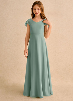 Azazie Nari Girls Formal Flower Girl Dresses Silver Sage A-Line with Sleeves Chiffon Dress image5