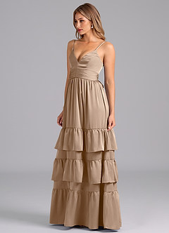 Azazie Nathalia Bridesmaid Dresses Taupe A-Line Pleated Stretch Satin Dress image4
