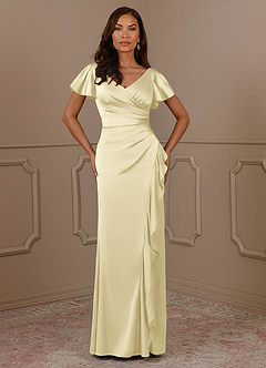 Azazie Roya Moeder van de bruid jurken Zeemeermin Jurk van Stretch Satijn V-hals geplooid Citroensorbet image2