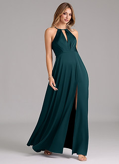 Azazie Evalleen Bridesmaid Dresses Pine A-Line Pleated Stretch Satin Dress image5
