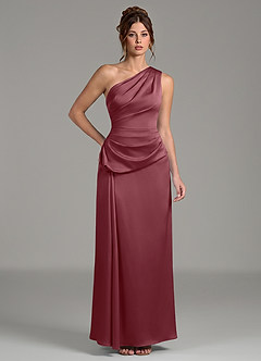 Azazie Zahira Robes de demoiselle d'honneur Robe Fourreau en Satin extensible Une épaule Rose Du Désert image1