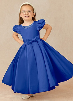 Azazie Jewel vestidos de niña de las flores Vestido de Azul Real de Satin Mate de Princesa con Plisado image1