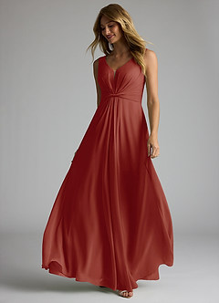 Azazie Gina Bridesmaid Dresses Terracotta A-Line V-Neck Pleated Chiffon Dress image2