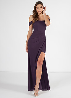 Azazie Kit Bridesmaid Dresses Plum Mermaid Off the Shoulder Mesh Dress image1