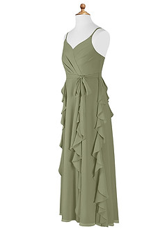 Azazie Peyton Junior Vestido de Pistacho de Gasa de Corte En A con Volantes en cascada Cuello en V image11