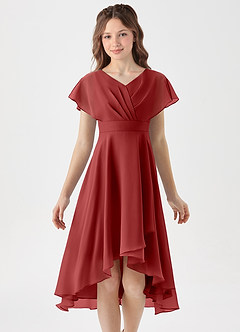 Azazie Graciela Junior Rust A-Line Pleated Chiffon Dress image3
