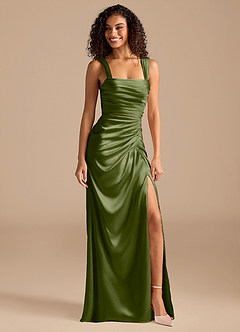 Azazie Jesaphine Bridesmaid Dresses Olive Sheath Bow Metallic Satin Dress image1