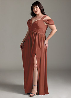 Azazie Lianne Bridesmaid Dresses Auburn A-Line Off the Shoulder Stretch Satin Dress image13