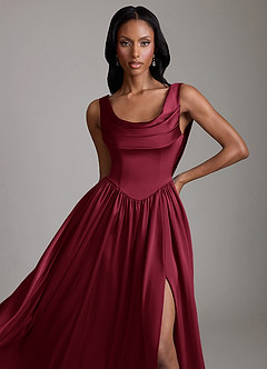 Azazie Novi Robes de demoiselle d'honneur Robe Trapèze en Satin extensible Avec poches Bourgogne image3