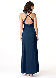 Azazie Geanna Vestidos de damas de honor Vestido de Azul Marino Oscuro de Satén Elástico de Corte Recto con Cuello en V Plisado image2